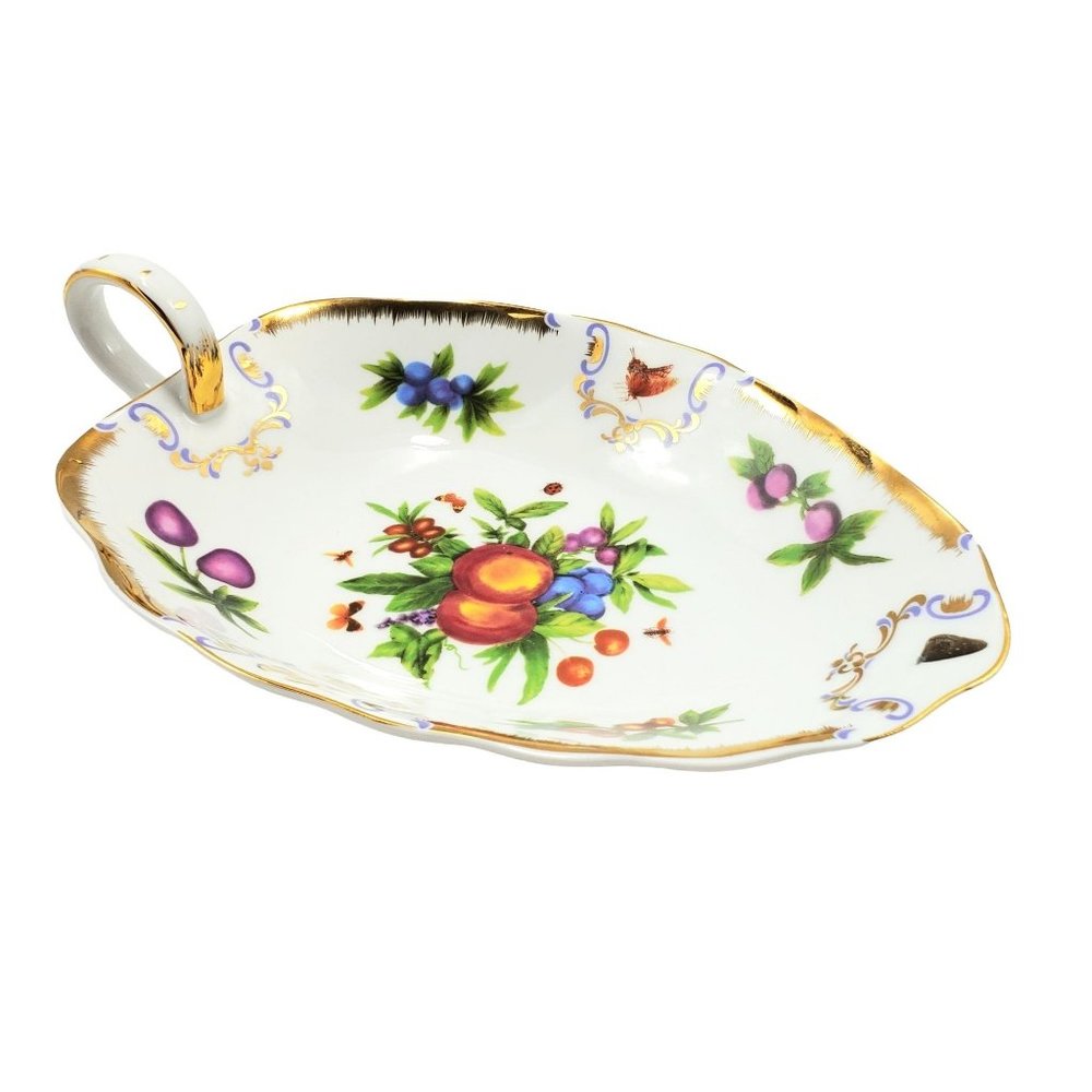 I. Godinger Yorkshire Leaf Nappy Plate Dish Porcelain Fruit Floral Butterflies